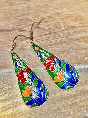 Handmade Floral Teardrop Enamel Earrings in Green, Blue, Red, Orange